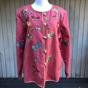 Vintage Butterflies Embroidered Sequins Jacquard Ceramic Button Down Coat XL